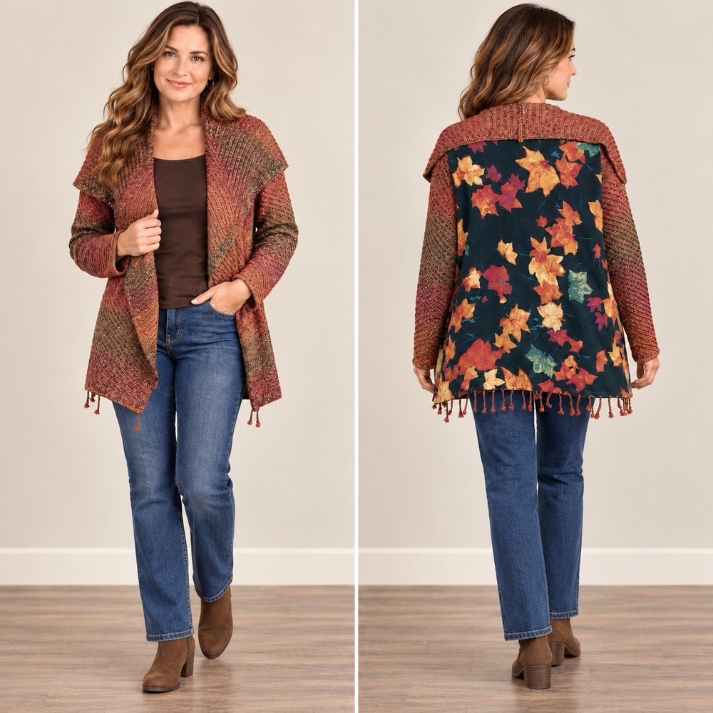 John Mark Women M Cardigan Sweater Boho Artsy Fall Leaves Linen Cotton Fringe